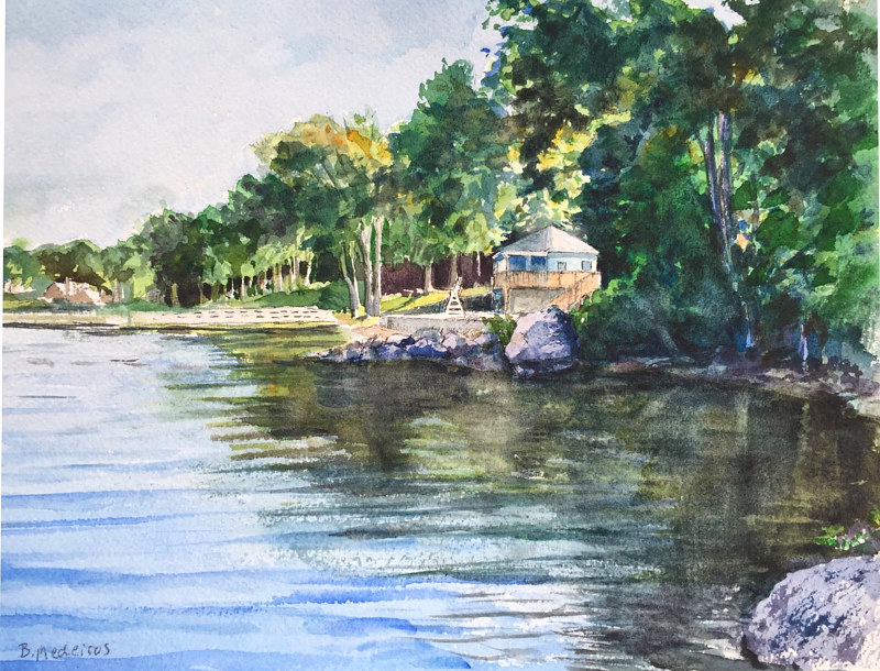 Watercolor New Fairfield Town Beach from The Marina by Elizabeth4361 Medeiros