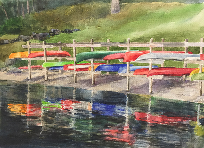 Watercolor Canoes and Kayaks at New Fairfield Marina by Elizabeth4361 Medeiros