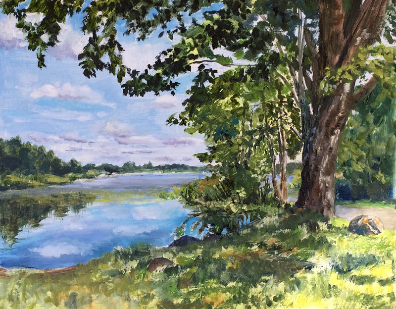 Oil painting Ball Pond boat launch with Tree, New Fairfield CT. by Elizabeth4361 Medeiros