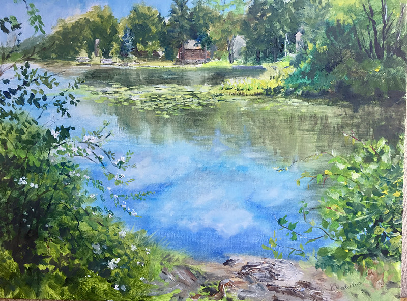 Oil painting Fishing Spot at Ball Pond, New Fairfield, CT. by Elizabeth4361 Medeiros