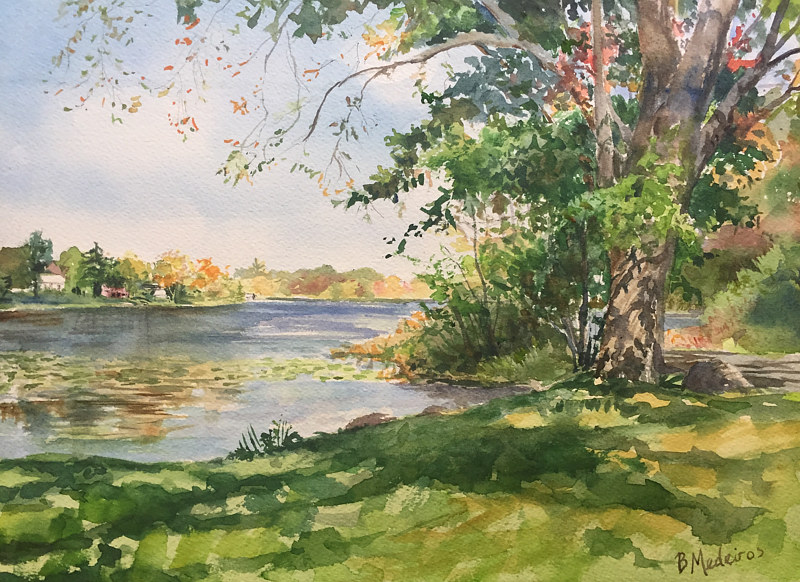 Watercolor Ball Pond, New Fairfield - Boat Launch in Fall by Elizabeth4361 Medeiros