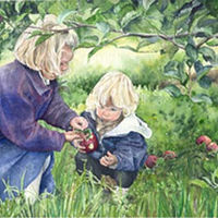 Watercolor Children Picking Apples by Elizabeth4361 Medeiros
