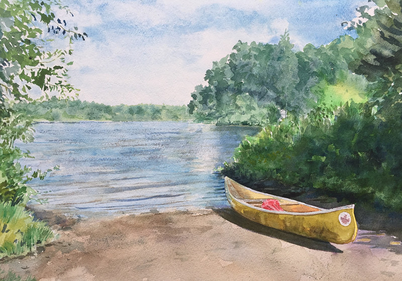 Watercolor Yellow canoe at Ball Pond by Elizabeth4361 Medeiros